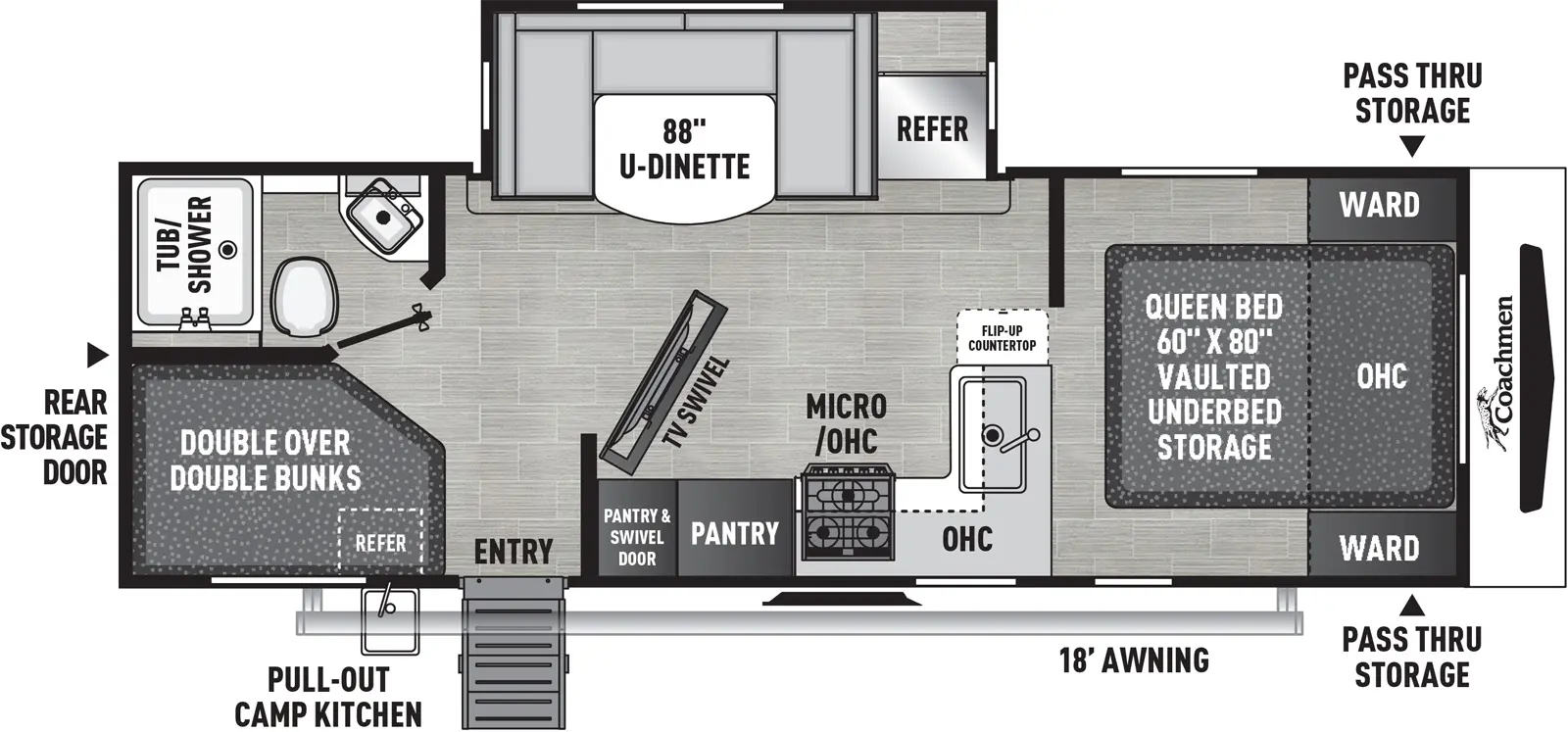 The 258BHS has one slideout and one entry. Exterior features front pass-thru storage, 18 foot awning, rear storage door, and pull-out camp kitchen with refrigerator. Interior layout front to back: foot-facing queen bed with vaulted underbed storage, overhead cabinet, and wardrobes on each side; peninsula kitchen counter with sink, overhead cabinet, and flip-up counter wraps to door side with microwave, cooktop, entertainment center with hidden pantry behind, and entry; off-door side slideout with refrigerator, and u-dinette; rear off-door side full bathroom; rear door side double over double bunks.